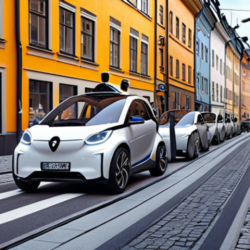 **Image prompt:** A futuristic Stockholm street scene with self-driving electric vehicles seamlessly integrated into a smart city environment. Highlight 5G infrastructure, intelligent roads with sensors, and renewable energy sources. The scene should depict accessible transport options for all citizens, including those with disabilities, emphasizing sustainability and data-driven traffic flow management.