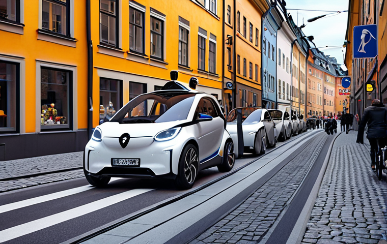 **Image prompt:** A futuristic Stockholm street scene with self-driving electric vehicles seamlessly integrated into a smart city environment. Highlight 5G infrastructure, intelligent roads with sensors, and renewable energy sources. The scene should depict accessible transport options for all citizens, including those with disabilities, emphasizing sustainability and data-driven traffic flow management.