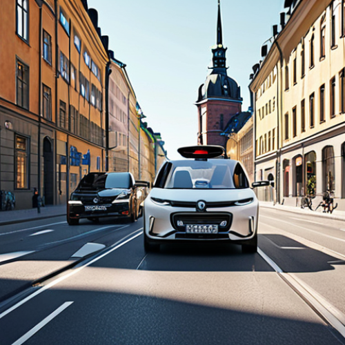 **A futuristic Stockholm street scene with self-driving cars seamlessly navigating traffic. Focus on the efficiency and safety aspects, showcasing sleek, modern vehicle designs and smart traffic management systems. Incorporate elements of Swedish design and architecture. Morning light.**