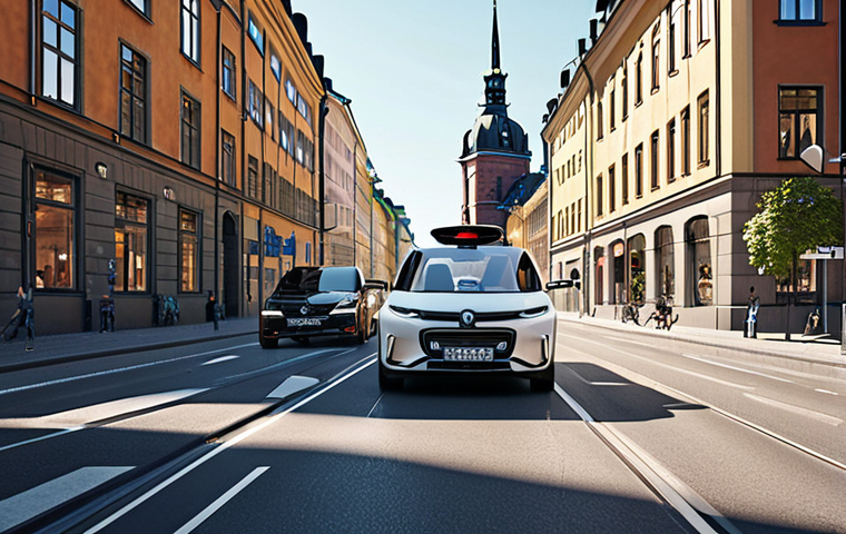 **A futuristic Stockholm street scene with self-driving cars seamlessly navigating traffic. Focus on the efficiency and safety aspects, showcasing sleek, modern vehicle designs and smart traffic management systems. Incorporate elements of Swedish design and architecture. Morning light.**
