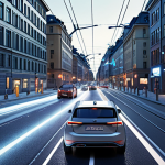 **Prompt:** A futuristic Stockholm street scene. Self-driving electric cars seamlessly navigating through light traffic, showcasing V2V communication with glowing lines connecting vehicles. Modern architecture and bike lanes visible. Emphasis on efficiency and smart city integration. Lidar sensors subtly highlighted on the vehicles.
