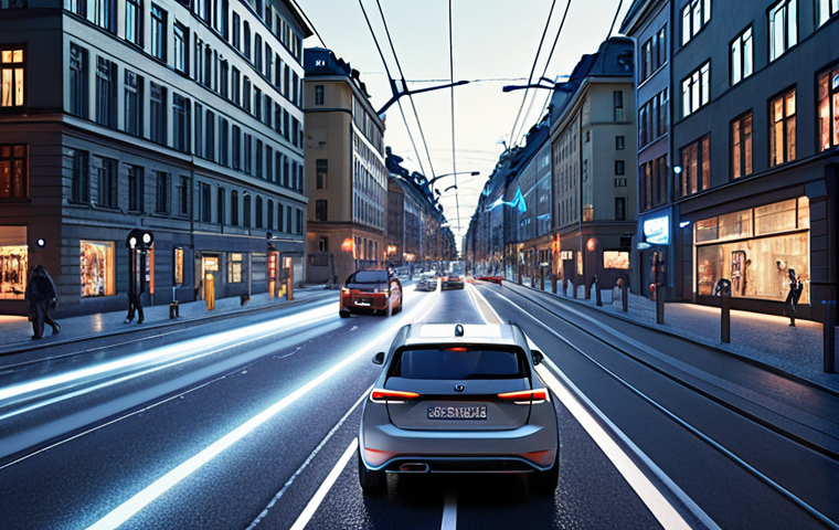 **Prompt:** A futuristic Stockholm street scene. Self-driving electric cars seamlessly navigating through light traffic, showcasing V2V communication with glowing lines connecting vehicles. Modern architecture and bike lanes visible. Emphasis on efficiency and smart city integration. Lidar sensors subtly highlighted on the vehicles.